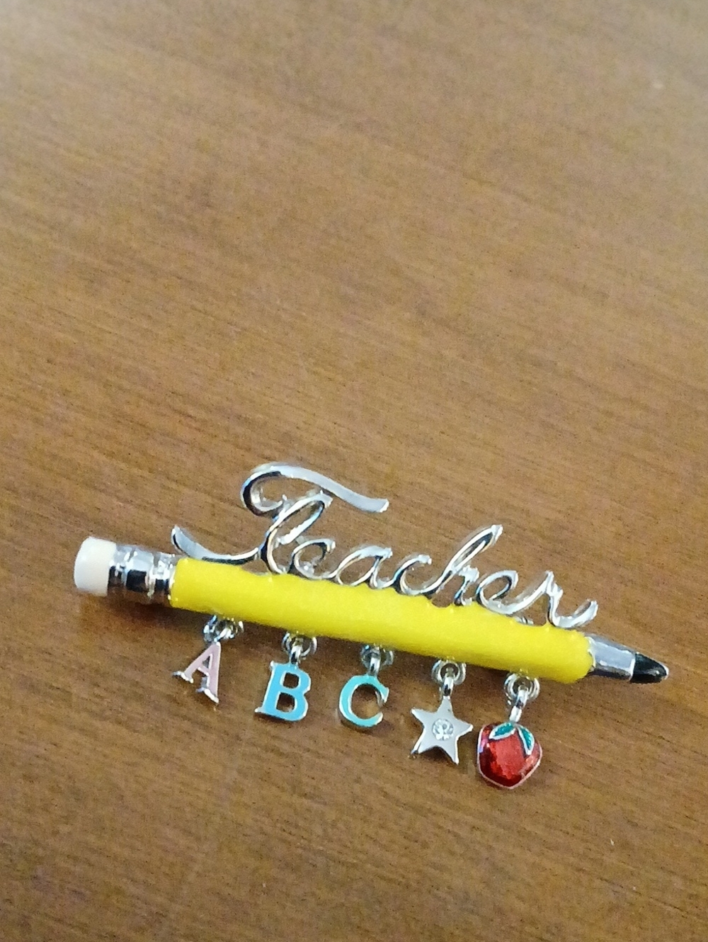 Silver Tone Teacher Pencil Charm Brooch Pin - Yellow With Charms 2.5"